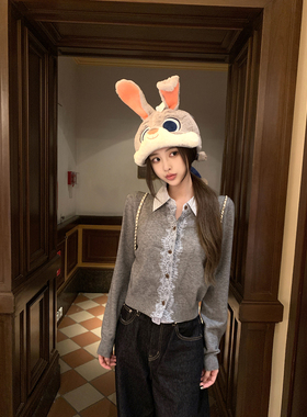 Thas9i九亿 灰色蕾丝花边拼接polo领上衣女学院风假两件针织开衫