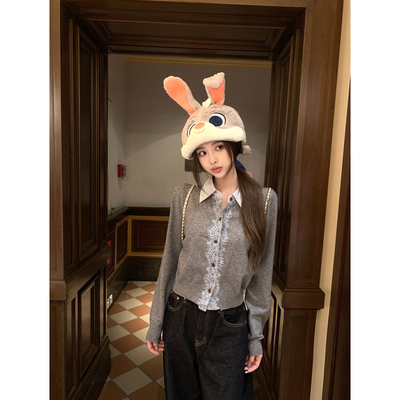 Thas9i九亿 灰色蕾丝花边拼接polo领上衣女学院风假两件针织开衫