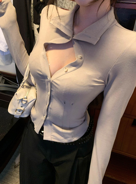 Thas9i九亿 高领修身性感镂空两穿针织衬衫女收腰褶皱打底上衣