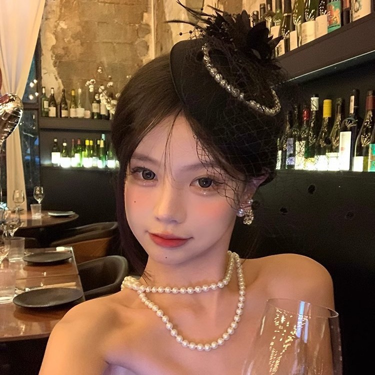 黑色赫本风小礼帽女秋冬高端夜上海复古旗袍头饰民国面纱年会礼服