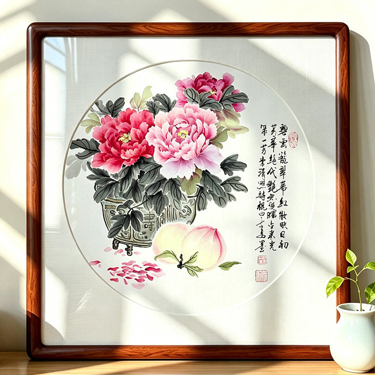 纯手绘国画牡丹真迹玄关装饰画客厅挂画书房画餐厅画水墨画实木框