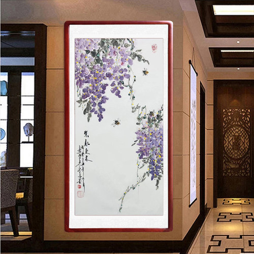 国画紫藤花装饰画卷轴木框装裱