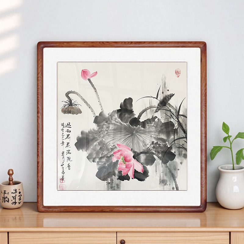 手绘国画荷花真迹玄关装饰画客厅卧室餐厅挂画水墨画实木框装裱图片