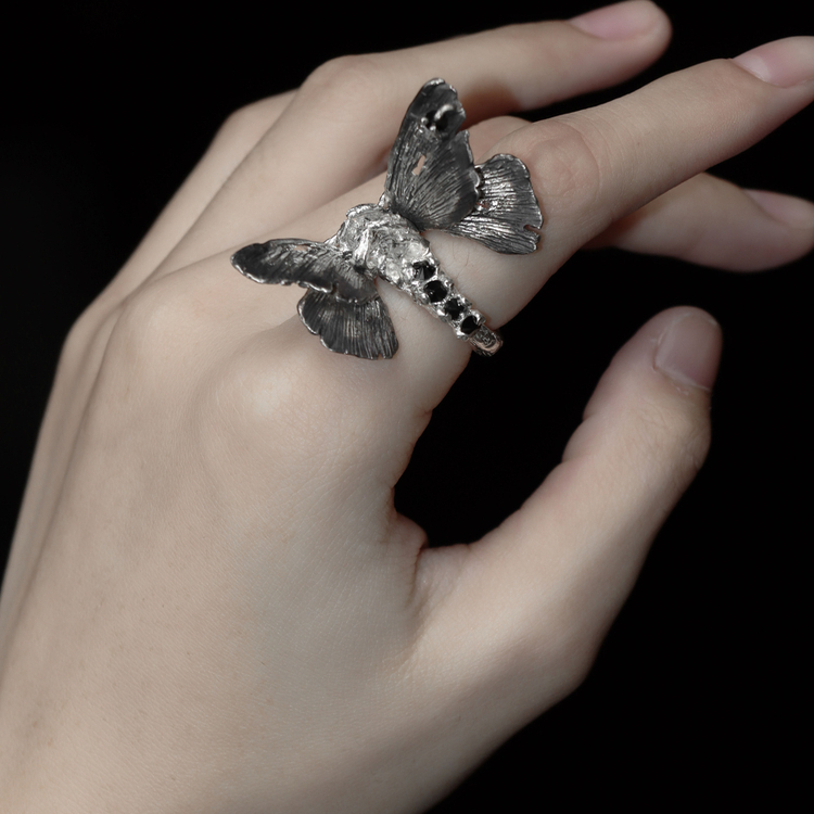 東黑三白/ 蝶非鱼 s930纯银原创设计小众百搭做旧肌理戒指礼物