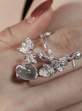 東黑三白/ 水露庭玫 s930纯银原创设计月光石肌理开口女戒指礼物