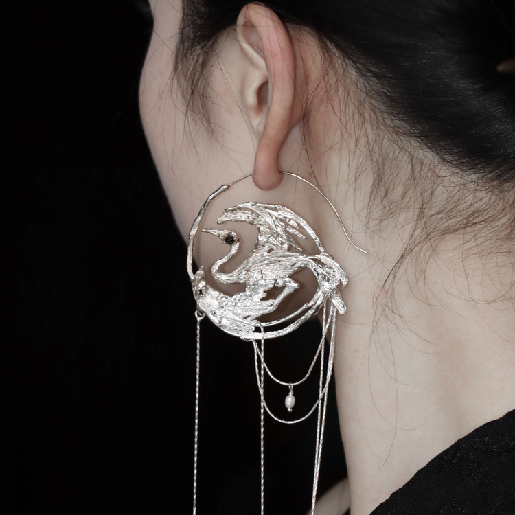 東黑三白/ 雀羽摇风珰 s930纯银原创设计步摇国风超长款小众耳环