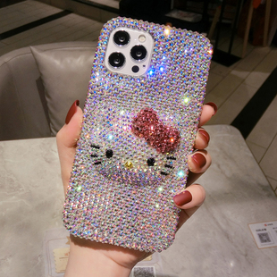 苹果18ProMax镶钻手机壳Kitty可爱女iPhone17带钻石闪15Plus适用13mini全包16保护套14防摔12满钻11网红X新款