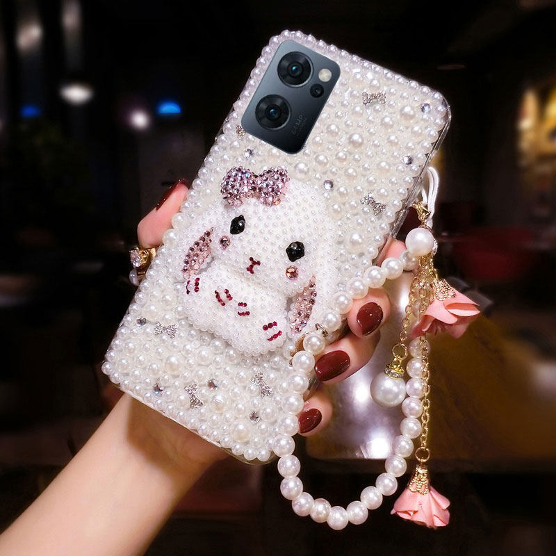 萌兔oppoReno16珍珠水钻手机壳可爱reno15Pro带钻石14闪13保护套防摔12镶钻findx9奢华11水晶X8挂链X7女款X6