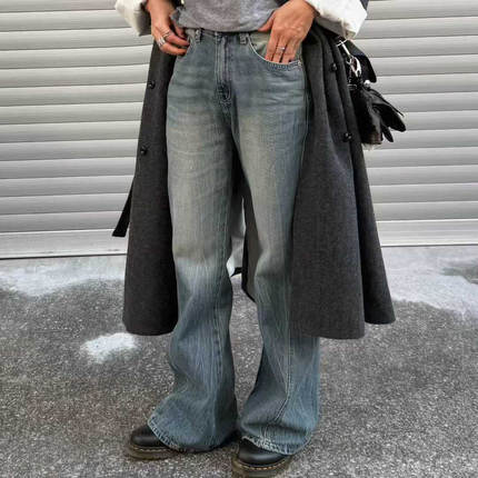 闪闪家 韩国东大门代购TEMPTING褶皱气质微喇显瘦牛仔裤