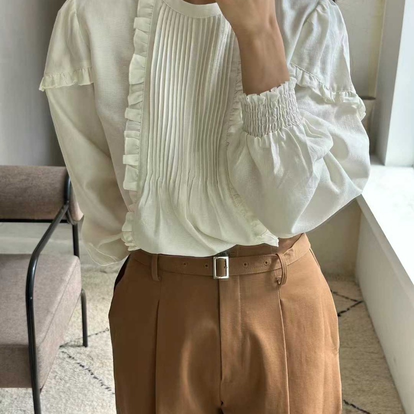 1968荷叶边打褶甜美复古衬衫
