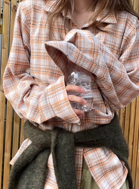 闪闪家 韩国东大门代购WATER休闲气质格纹百搭秋款衬衫