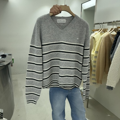 REPELLER春新学院风条纹V领针织