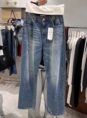 闪闪家 韩国东大门代购TEMPTING纹路做旧休闲直筒宽松牛仔裤