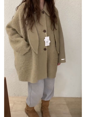 打折 闪闪家 韩国东大门代购EMPTY羊驼毛柔软带帽兜双面呢大衣