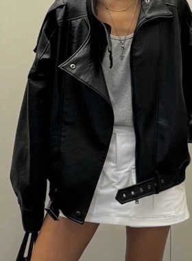 闪闪家 韩国东大门代购FLAUNT柔软人造革翻领休闲机车夹克