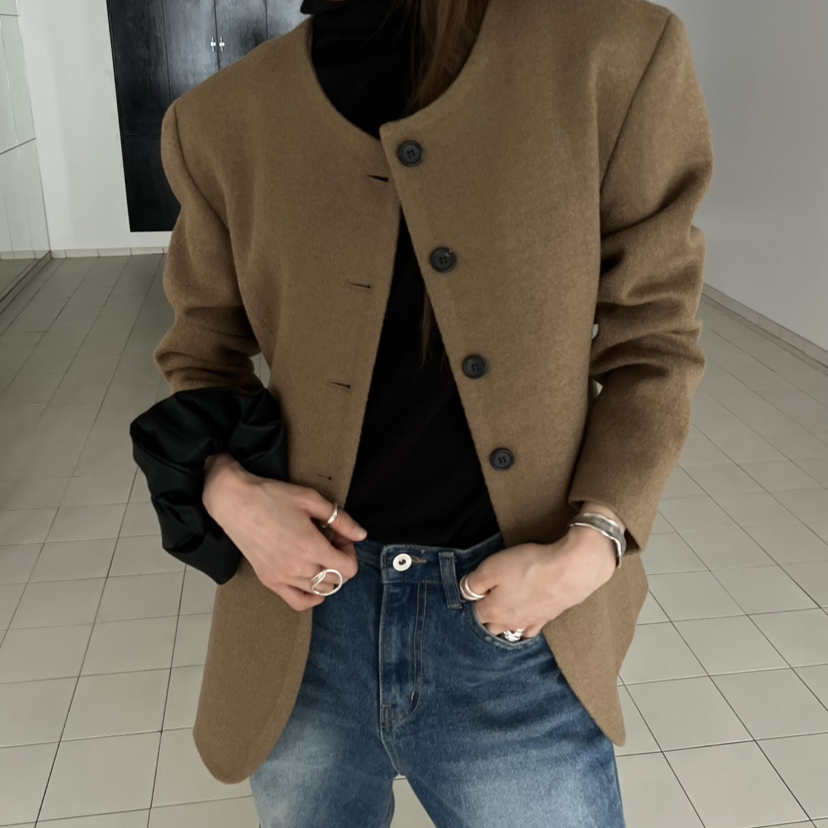 NOVUS羊毛60%时髦显瘦无领系扣