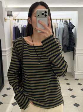 闪闪家 韩国东大门代购ETER绒布磨毛条纹休闲t