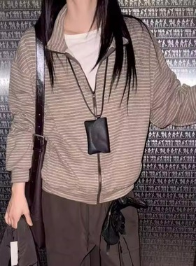 闪闪家 韩国东大门代购LAKE-A细条纹休闲立领拉链卫衣