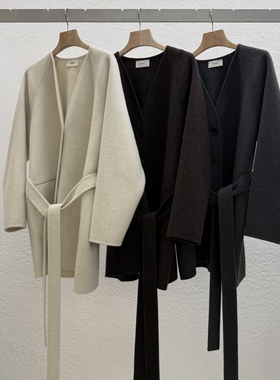 闪闪家 韩国东大门代购STATEMENT羊绒混纺气质束腰毛呢大衣