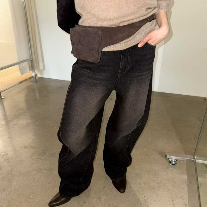 现货LAKE-A深色系秋冬弯刀牛仔裤