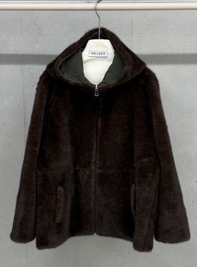 闪闪家 韩国东大门代购HELDER-P抽绳束腰连帽人造毛毛双面外套