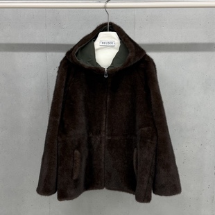 闪闪家 韩国东大门代购HELDER-P抽绳束腰连帽人造毛毛双面外套