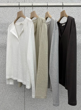 闪闪家 韩国东大门代购AT THE BAGEL竹节纹混麻清爽豁口领t