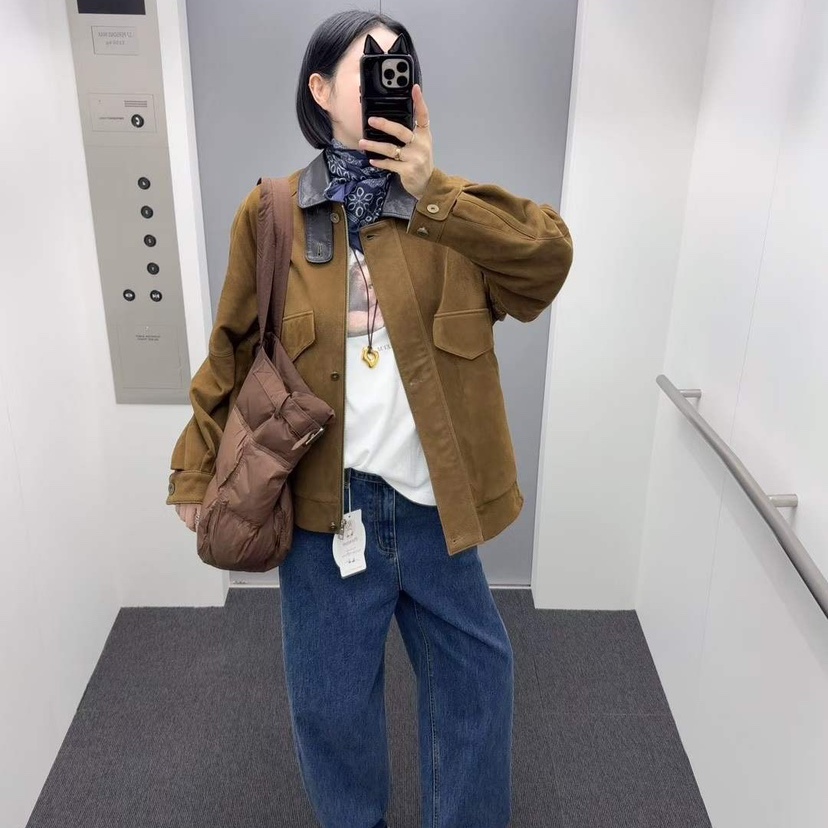 HELDER-P拼色翻领时髦羊皮夹克