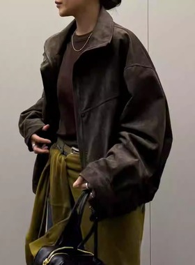 闪闪家 韩国东大门代购FLAUNT人造革立领休闲拉链夹克