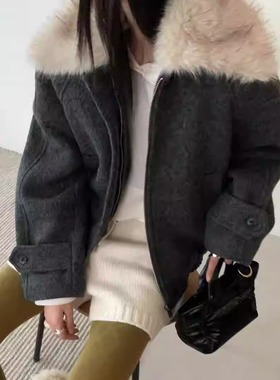 闪闪家 韩国东大门代购TEMPTING毛绒翻领休闲拉链毛呢外套