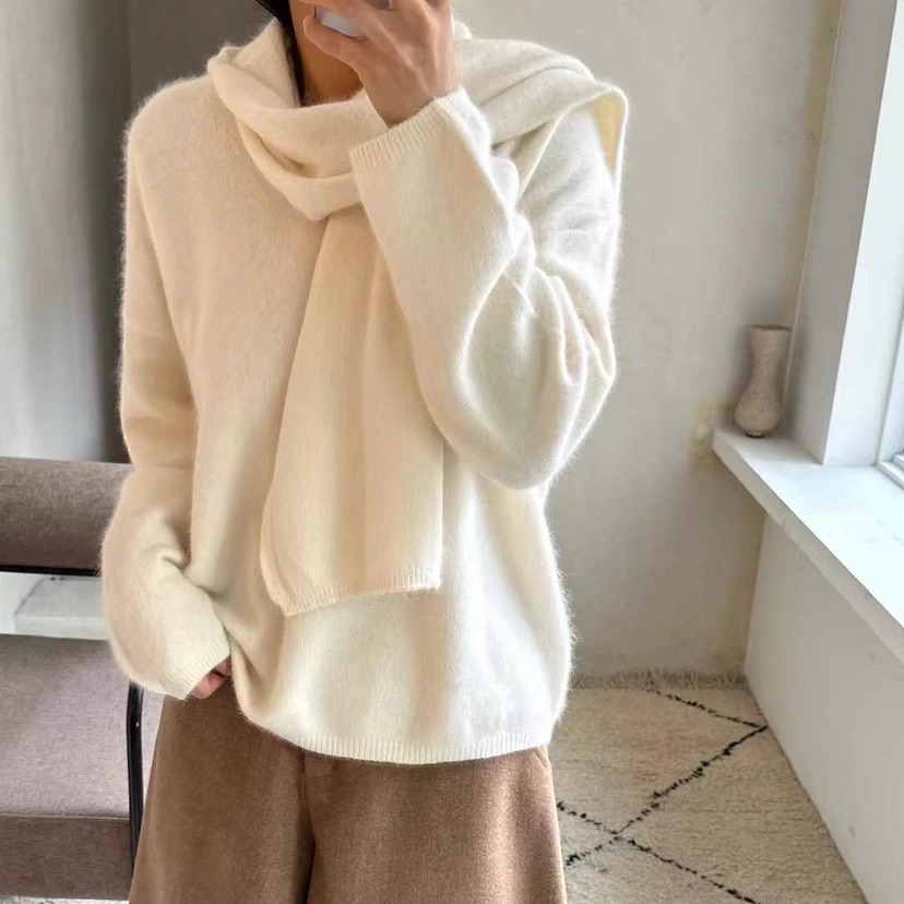 1968简约V领围巾羊毛针织套装