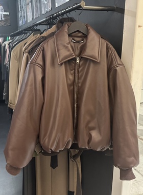 闪闪家 韩国东大门代购PROJECT WAVE-P人造革拉链鸭绒皮夹克