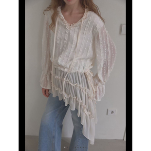 现货打折闪闪家韩国东大门代购FOUNDATION不对称木耳边蕾丝连衣裙