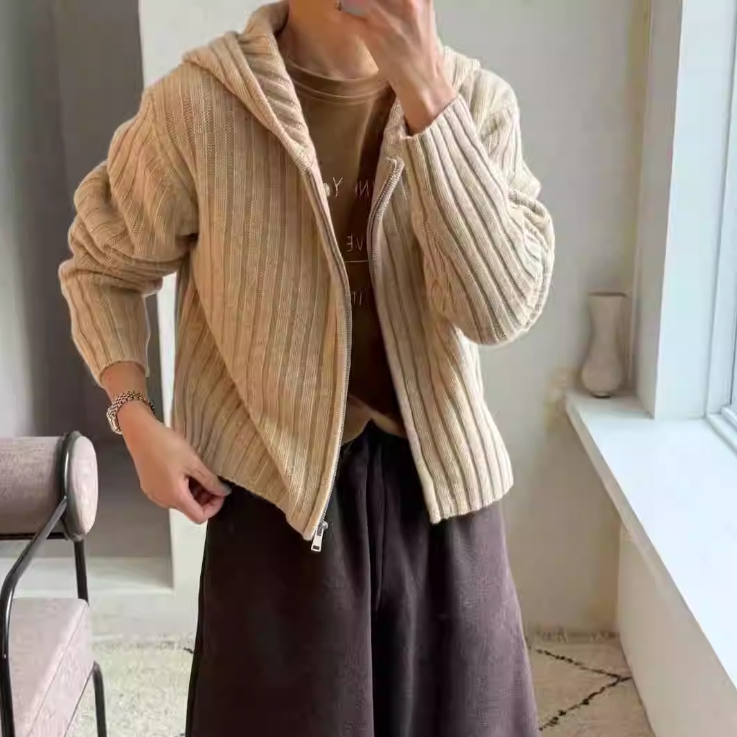 1968羊毛绒混纺竖纹拉链连帽针织