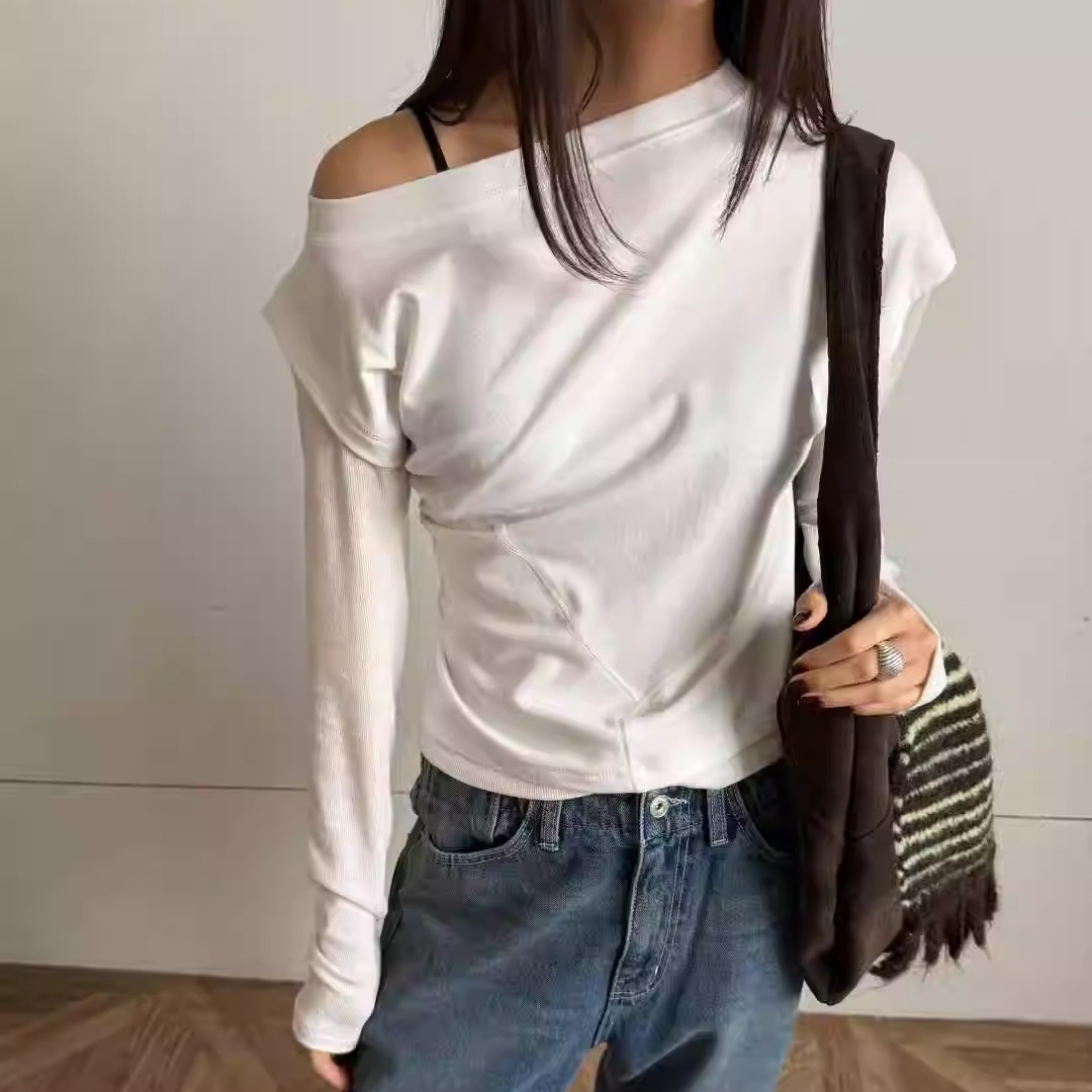 BETTER斜露肩时髦拼接袖长袖t