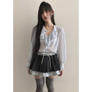 闪闪家 韩国东大门代购BY CHAPTER荷叶边大领口系扣雪纺衬衫