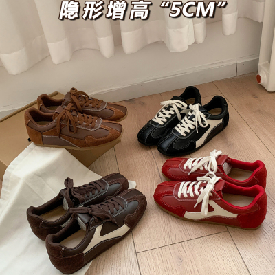 牛皮版~复古系带拼色内增高5cm德训鞋女2025百搭阿甘鞋运动单鞋女