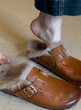 牛皮版~复古擦色厚底勃肯鞋女秋冬外穿毛毛包头半拖一脚蹬懒人鞋