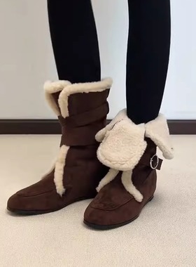 牛皮版~复古绒面皮带扣设计感内增雪地靴女两穿秋冬保暖短筒棉靴