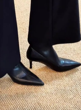 羊皮版~法式气质高跟靴细跟后拉链弹力瘦瘦靴女通勤尖头短靴单靴