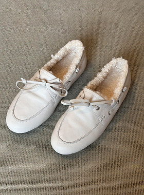 羊皮版~复古英伦风蝴蝶结乐福鞋女加绒舒适一脚蹬平底通勤小皮鞋