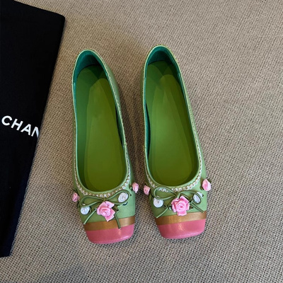 羊皮版~方头浅口单鞋内增高女蝴蝶结奶奶鞋一脚蹬平底玛丽珍鞋女