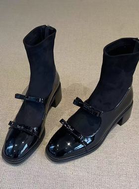 羊皮版~小香风弹力复古瘦瘦靴蝴蝶结后拉链粗跟短靴高跟显瘦袜靴