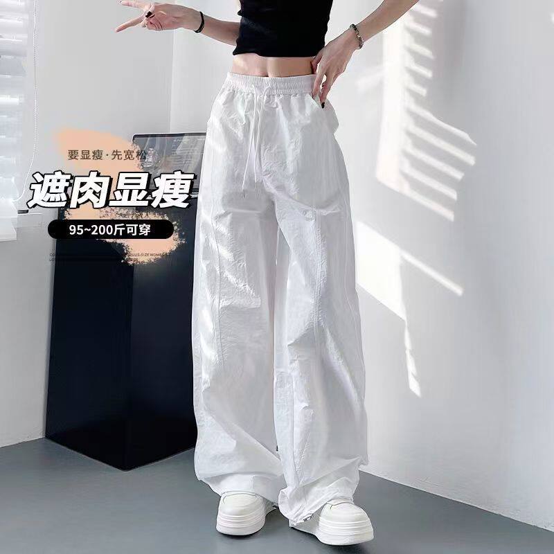 白色不透速干裤女夏季轻薄显瘦遮肉阔腿裤胖mm高腰褶皱运动工装裤