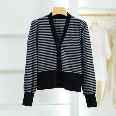 【小黑南油】S451-5  女装时尚春秋条纹针织开衫灰色22091