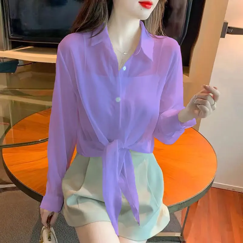 法式雪纺冰丝防晒衬衫女夏季新款洋气时尚时髦绑带空调衫外套上衣