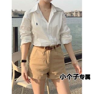 阔腿休闲百搭弹力直筒a字热裤 145小个子卡其色褶皱牛仔短裤 女夏季