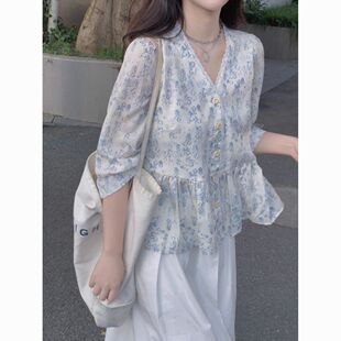 春季新款法式碎花娃娃衫七分袖雪纺衬衫设计感小众宽松显瘦上衣女