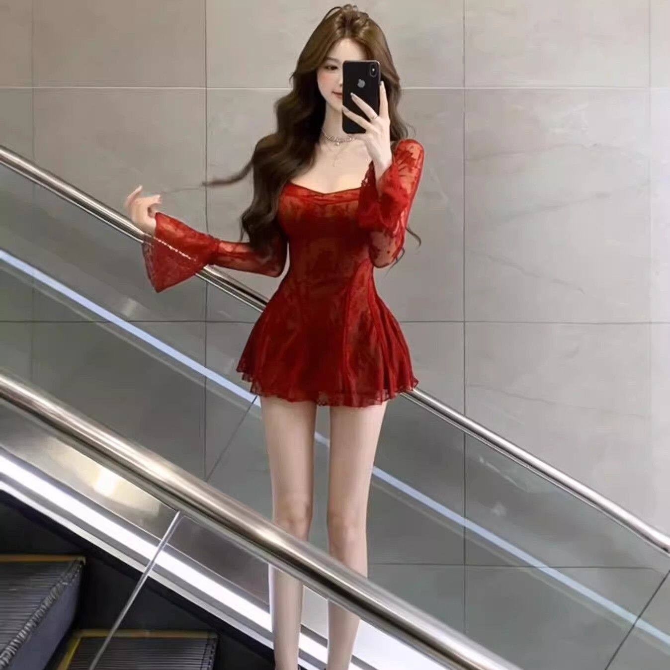 纯欲气质红色拼接蕾丝连衣裙女2026年春季精致收腰显瘦超美短裙子