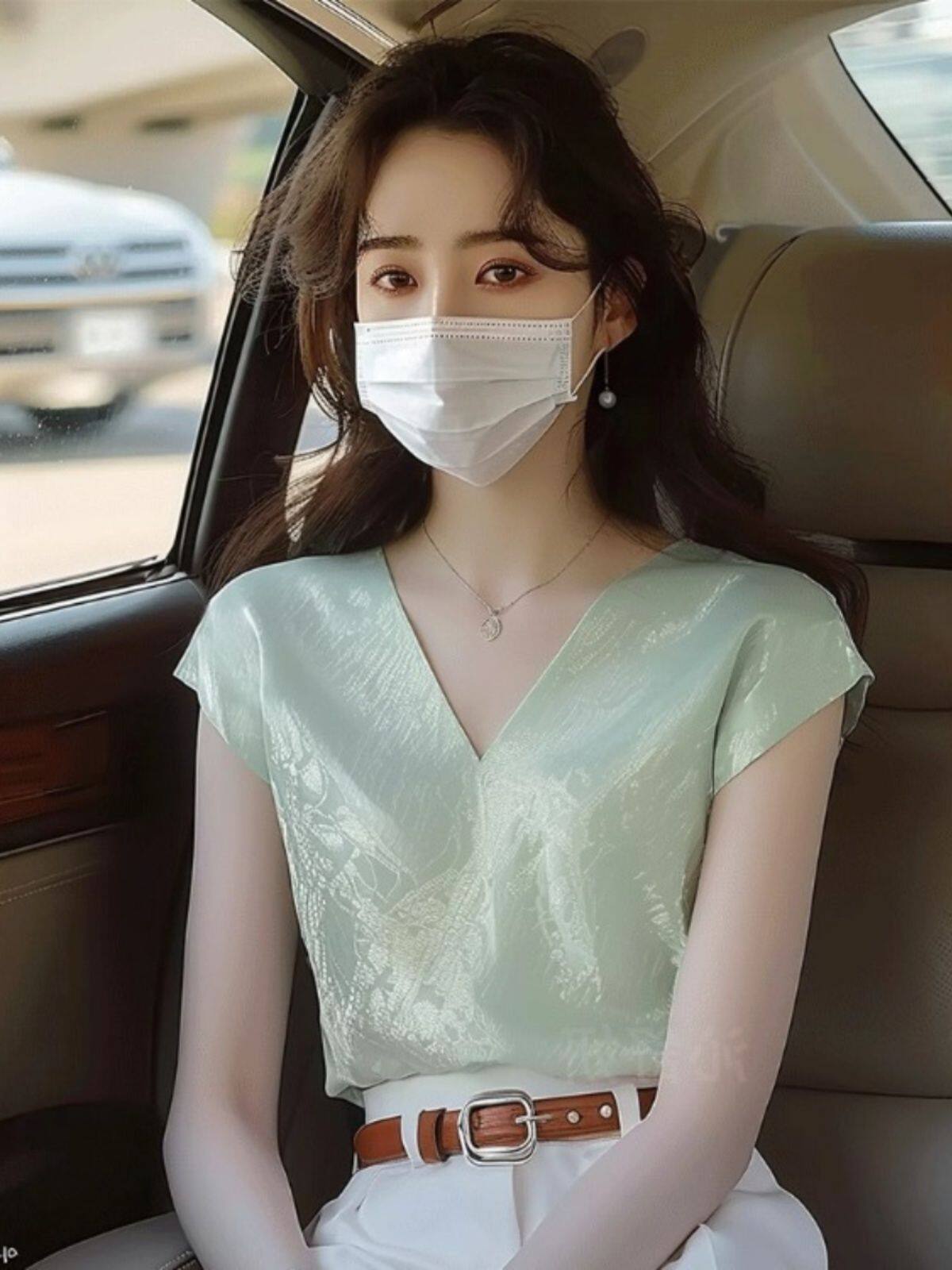 薄荷曼波绿色雪纺缎面短袖t恤女2025夏季新款小飞袖V领衬衫上衣服